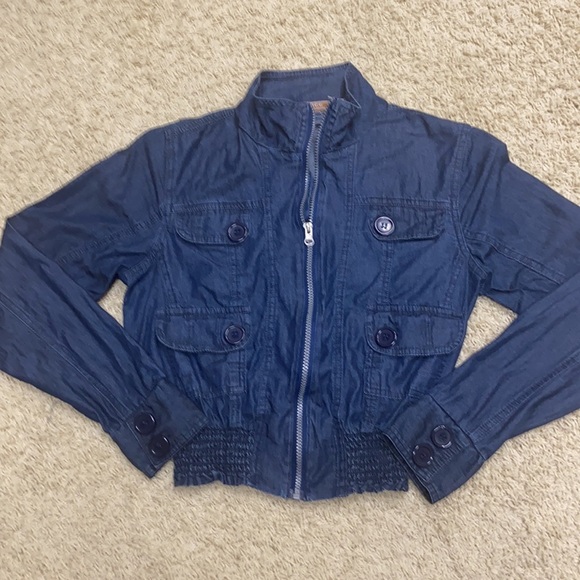 Voice NYC Chambray Denim Zip Jacket Multi Pockets Smocked Fit Waist Button Cuffs - Picture 4 of 16